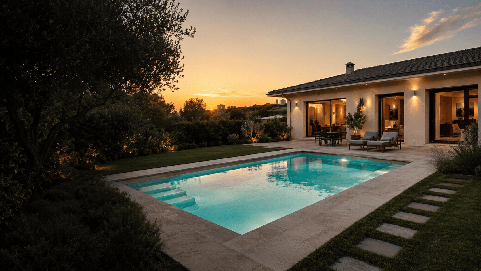 Una casa italiana contemporanea con piscina al tramonto