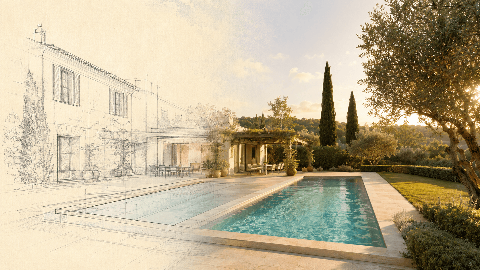 Il disegno architettonico di una piscina che si trasforma nel risultato reale