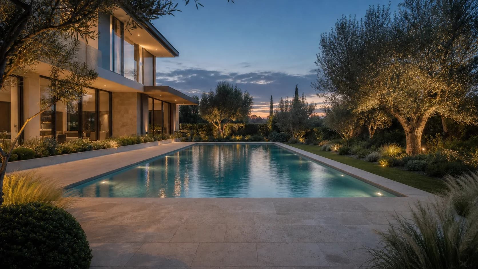 Un giardino paesaggistico trasformato con una piscina